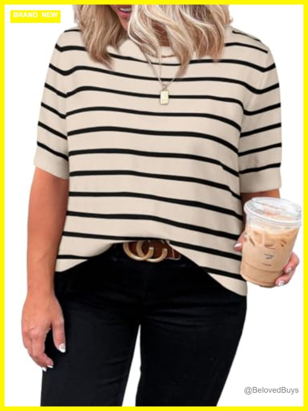 Women's Plus Size Short Sleeve Crewneck Striped Sweater Top Casual Summer Blouse